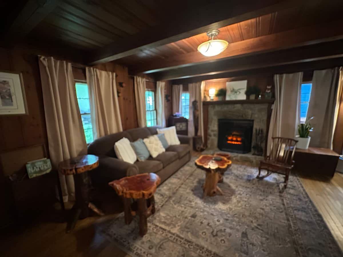 Cabin living room with fireplace