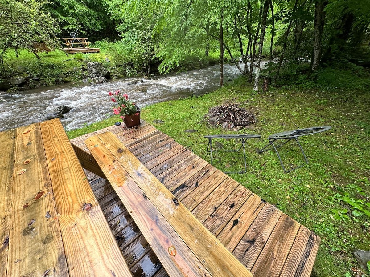 Picnic table beside the creek